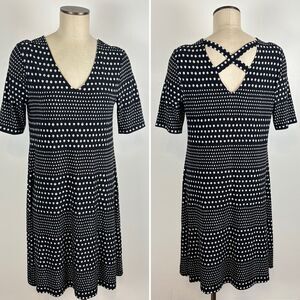 Chico's Sz 0 /S Polka Dot Cross-Back A-Line Dress V-Neck Knee-Length Jersey Knit
